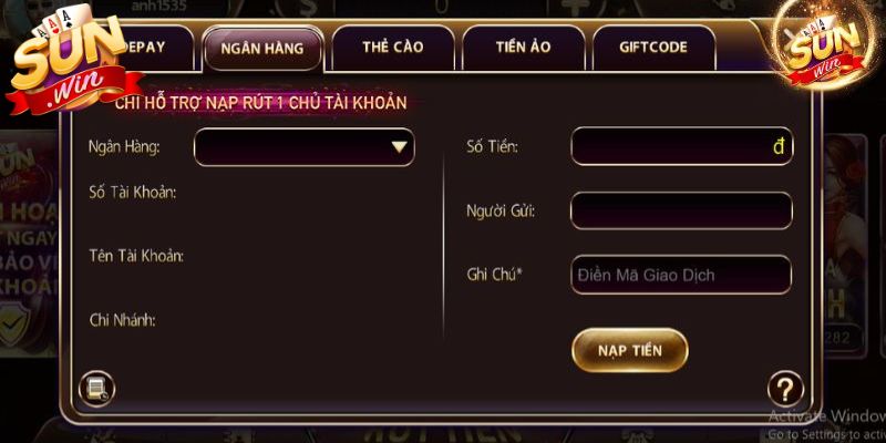 Hướng dẫn nạp tiền Sunwin qua phương thức ngân hàng hiện nay